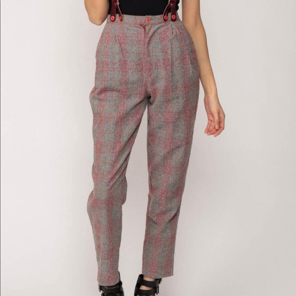 Suspender Pants Plaid VINTAGE 70s Pants High Waist Tartan Checkered Print small